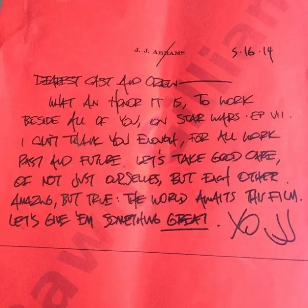 Star Wars Episode VII Note from J.J. Abrams to his Cast and Crew